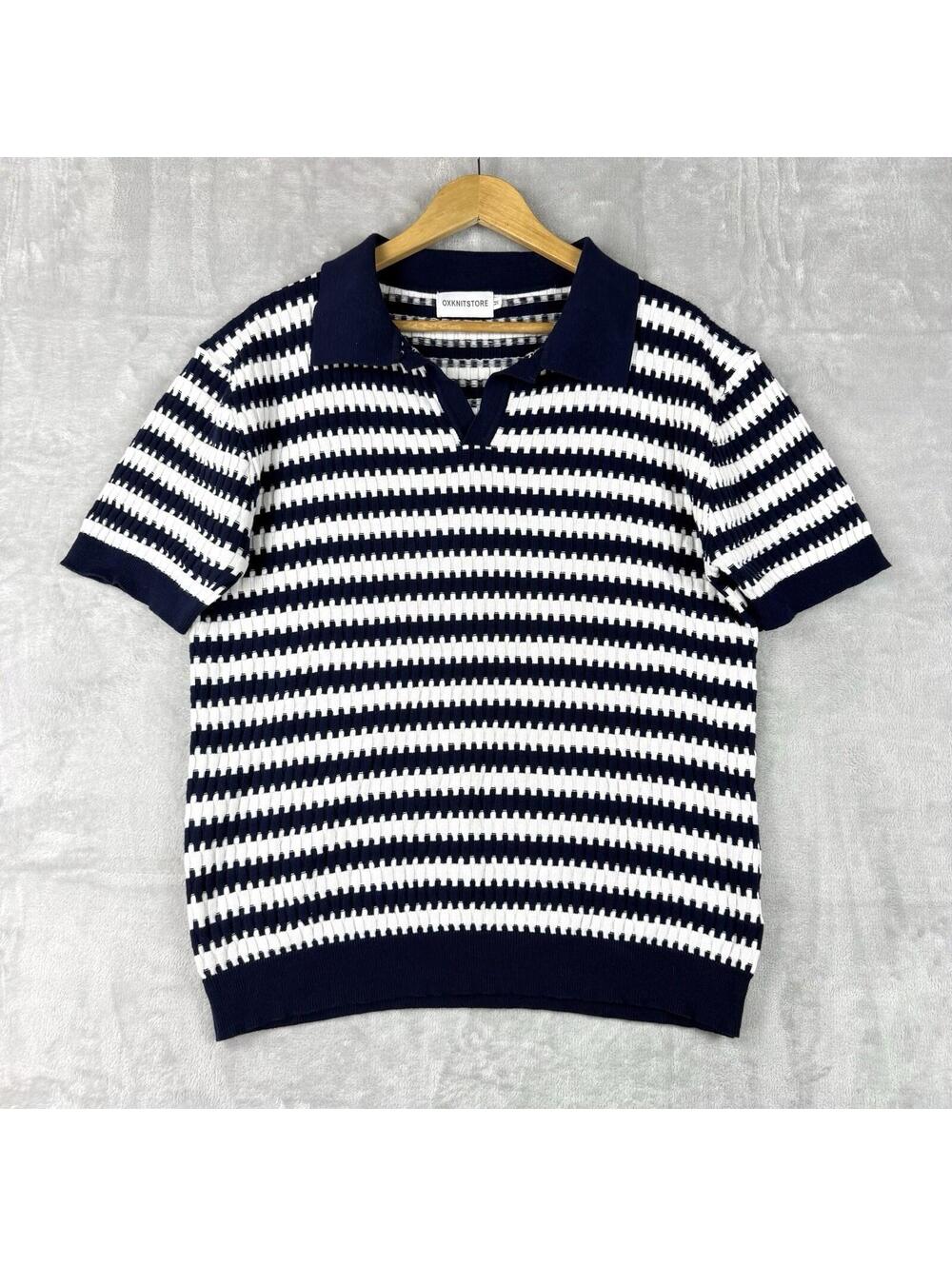 OXKNITSTORE Knit Polo Shirt Navy White Striped Short Sleeve Men M Preppy Relax